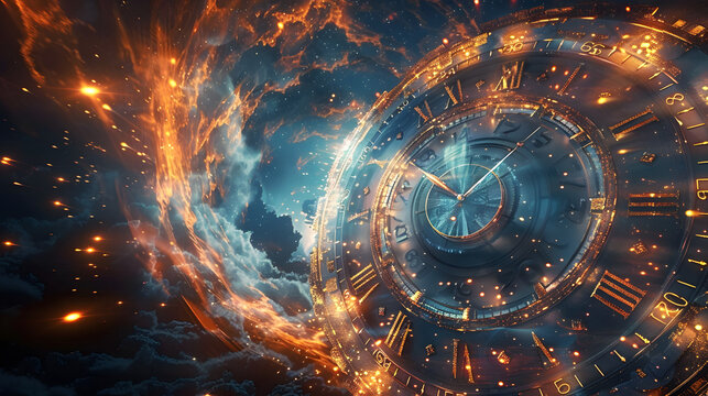 Time Travel Technology Background with the concept of Clocks and Time Machines, Can turn the clock hands. Jump into a time portal in a matter of hours. Traveling in time and space. Time travel fantasy