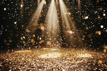 Wall Mural - golden confetti descends from a spotlight on a festive stage in an empty, nighttime venue. Perfect for award ceremonies, jubilees, New Year's celebrations, or product launches