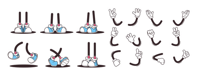 Wall Mural - Stylized Of Retro Cartoon Hands And Legs In Various Poses And Gestures Such As Pointing, Waving, And Showing Peace Signs