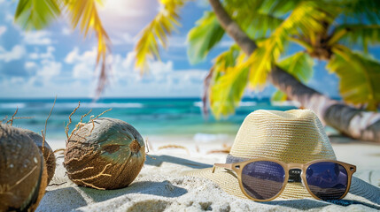 A picturesque tropical beach with a pair of sunglasses and a straw hat, coconuts, and palm trees creating a perfect holiday vibe