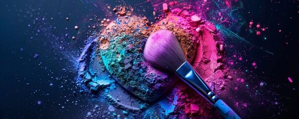 Heart shape made of multicolored powder with makeup brush against dark background, creative art concept