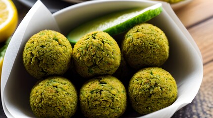 Wall Mural - A plate of freshly made falafel, perfectly golden and crisp, arranged on a white plate. Each falafel ball is packed with a blend of ground chickpeas, fresh herbs, and spices