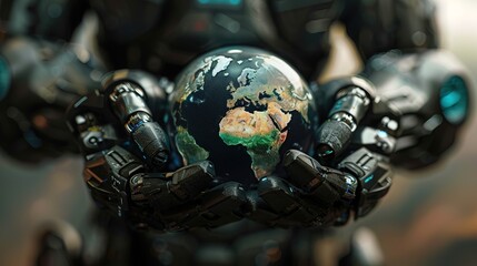 Wall Mural - An Ai robot is holding the world in its hands 