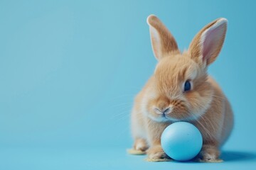 Poster - A small rabbit sits next to a bright blue egg, offering a glimpse into its peaceful morning routine