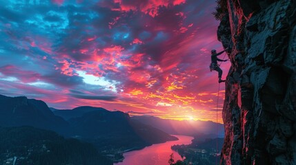 Rock Climber Scaling Mountain at Sunset