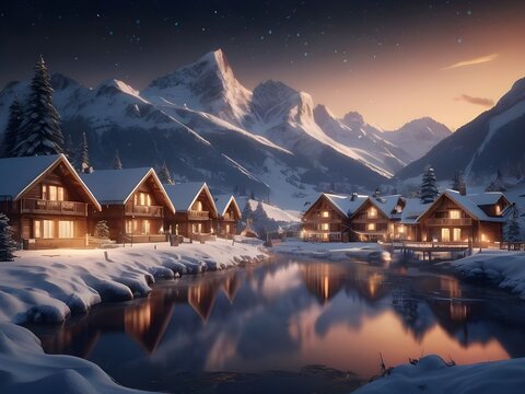 Alpine village in winter, snow-covered mountains, wooden chalets, glowing lights and a frozen lake reflecting the starry night sky.