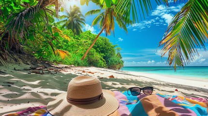 A serene tropical beach with a hat and sunglasses placed on a colorful beach towel, surrounded by lush palm trees and clear blue skies