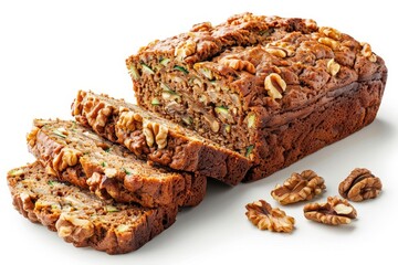 Sliced zucchini bread with walnuts isolated on white background. Delicious homemade baked goods, perfect for breakfast or a healthy snack, white background