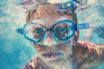 A young boy wearing swimming goggles in the water, great for use in illustrations of summer activities or childhood scenes