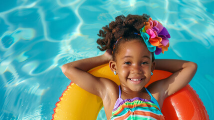 Wall Mural - A girl about 10 years old swims in a blue pool with an inflatable circle on a hot summer day. Children's summer holiday concept, entertainment