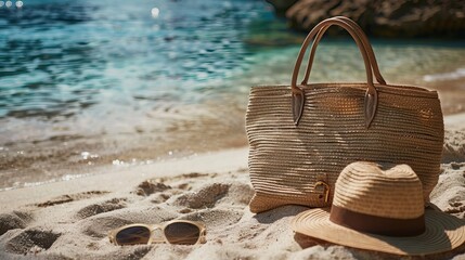 Wall Mural - Summer travel, beach vacation, and holiday background with a beach bag, stylish hat, and sunglasses for unwinding in the Caribbean. Create chic, opulent accessories