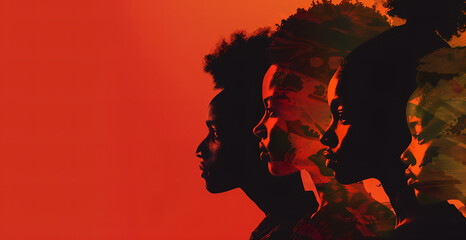 young girls, pride of African American women, silhouettes of faces on red background
