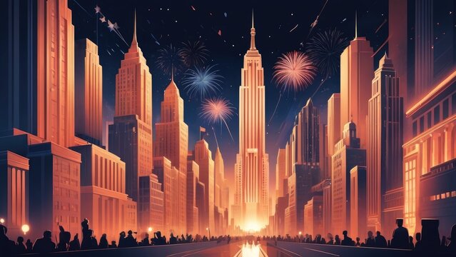 Art deco American Independence Day celebration background with a beautiful urban setting