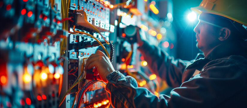 Electricity and electrical maintenance service, Engineer hand voltmeter checking electric current voltage at circuit breaker terminal