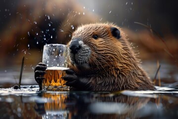 Wall Mural - A beaver holding a glass of beer while swimming in the water