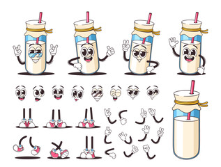 Wall Mural - Set Retro Cartoon Dairy Product Character Featuring Different Facial Expressions, Hands, And Legs. Vector Yoghurt Bottle