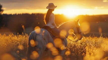 Canvas Print - A woman rides a horse in a peaceful field during sunset, great for outdoor or nature-themed projects