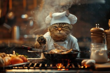 Wall Mural - A cat wearing a chef's hat cooks food on a grill, a unique and playful scene