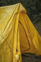 Sticker - A bright yellow tent sits amidst a lush forest, perfect for camping or outdoor adventures