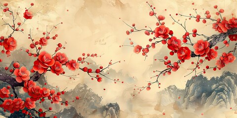 Wall Mural - japanese pattern background with red cherry blossom template modern