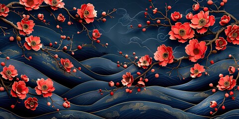 Wall Mural - this japanese pattern modern features cherry blossom flower on an asian geometric background it features wave shapes pine trees clouds and bush ornaments in oriental style