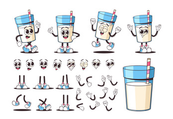 Wall Mural - Set Of Cartoon Milk Glass Characters Construction Kit With Facial Expressions And Poses. Includes Customizable Elements