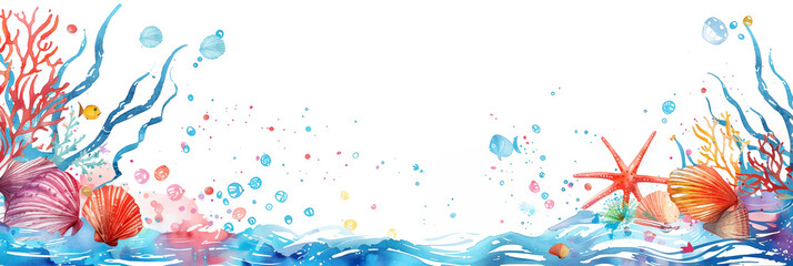 Wall Mural - Underwater marine sea life with seashells, starfish, and seaweed banner. Panoramic web header. Wide screen wallpaper