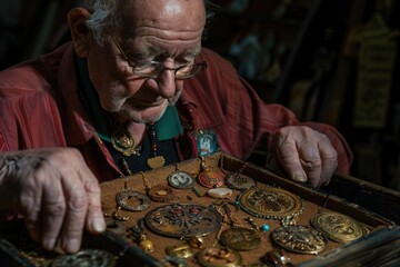 Sticker - A senior man carefully examining a box of jewelry, possibly searching for sentimental value or evaluating the contents