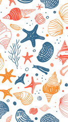 Wall Mural - Pattern with colorful starfish, seashells, coral and seaweed on white background