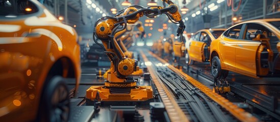 Wall Mural - Robotic Arm Assembling Cars on a Factory Line