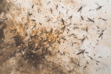 Wall Mural - A swarm of mosquitoes hovering in mid-air, often found near water or humid environments