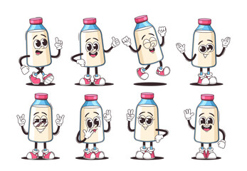 Wall Mural - Vector Set Of Cute Cartoon Dairy Product Characters Showcasing Different Expressions And Poses. Milk Bottle Animation