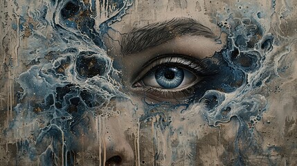 Wall Mural - A woman's face is painted with blue eyes and a blue ocean