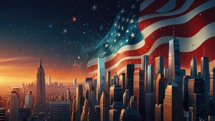 American Independence Day celebration backdrop with a dramatic and beautiful urban setting