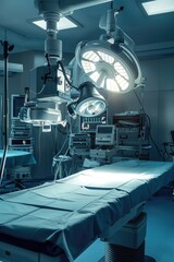 Canvas Print - Surgical setting with a table and multiple lighting fixtures