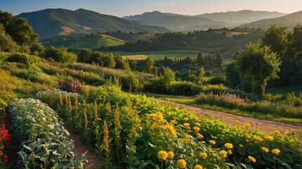 Wall Mural - Beautiful landscape of green hills at sunset