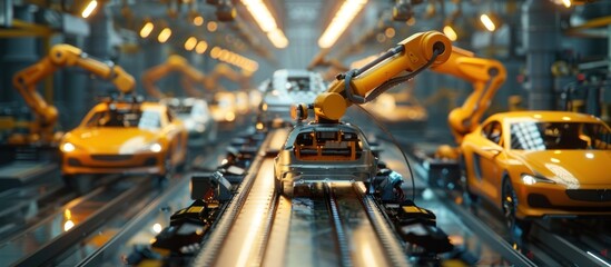 Poster - Automated Car Assembly Line with Yellow Robots