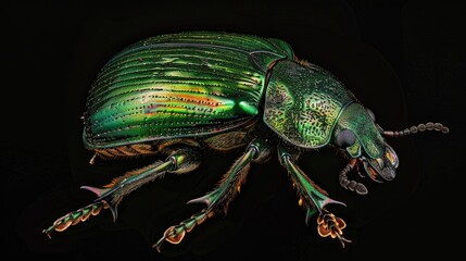 Fototapete - A close-up photo of a green beetle on a black background, useful for illustration or design