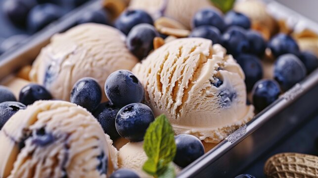 Fresh blueberries and crunchy nuts on top of creamy ice cream, perfect for a sweet treat or dessert