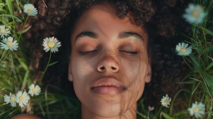 Canvas Print - A woman lying down with her eyes closed, surrounded by lush green grass