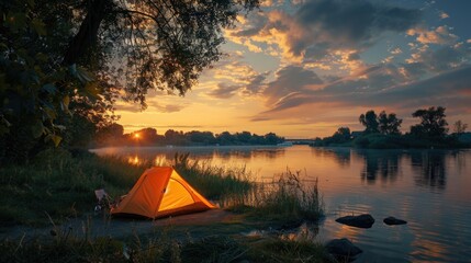 Sticker - A tent set up beside a body of water, perfect for camping or outdoor adventure