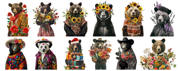 Poster - A flower bear character collage png cut out element set