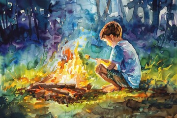 Sticker - A young boy sits in front of a campfire, possibly on a camping trip or outdoor adventure