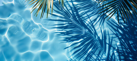 Tropical Leaf Shadow on Blue Water Surface - Abstract Summer Vacation Background Concept