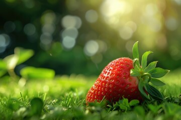 Wall Mural - A single strawberry sits atop a lush and vibrant green field, perfect for use in food or nature-related contexts