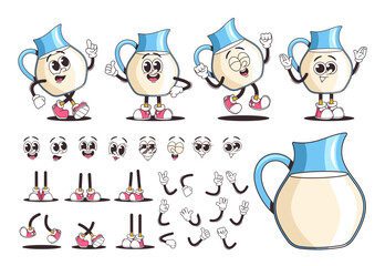 Wall Mural - Fun And Lively Retro Cartoon Dairy Milk Jug Character With Various Facial Expressions, Limbs, And Accessories