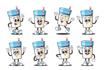 Wall Mural - funny and adorable cartoon milk glass character, dairy product animation in different expressive pos