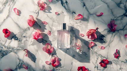 A picture of elegance unfolds as a lavish perfume bottle stands amidst delicate orchid petals on marble, illuminated by soft white light and accompanied by swirling cinematic smoke. Ai generated