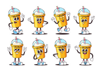 Wall Mural - animation vector set of colorful cartoon milkshake characters with different expressions, poses, emo