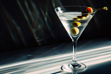 Wall Mural - Classic Martini cocktail with olives on dark background. Copy space